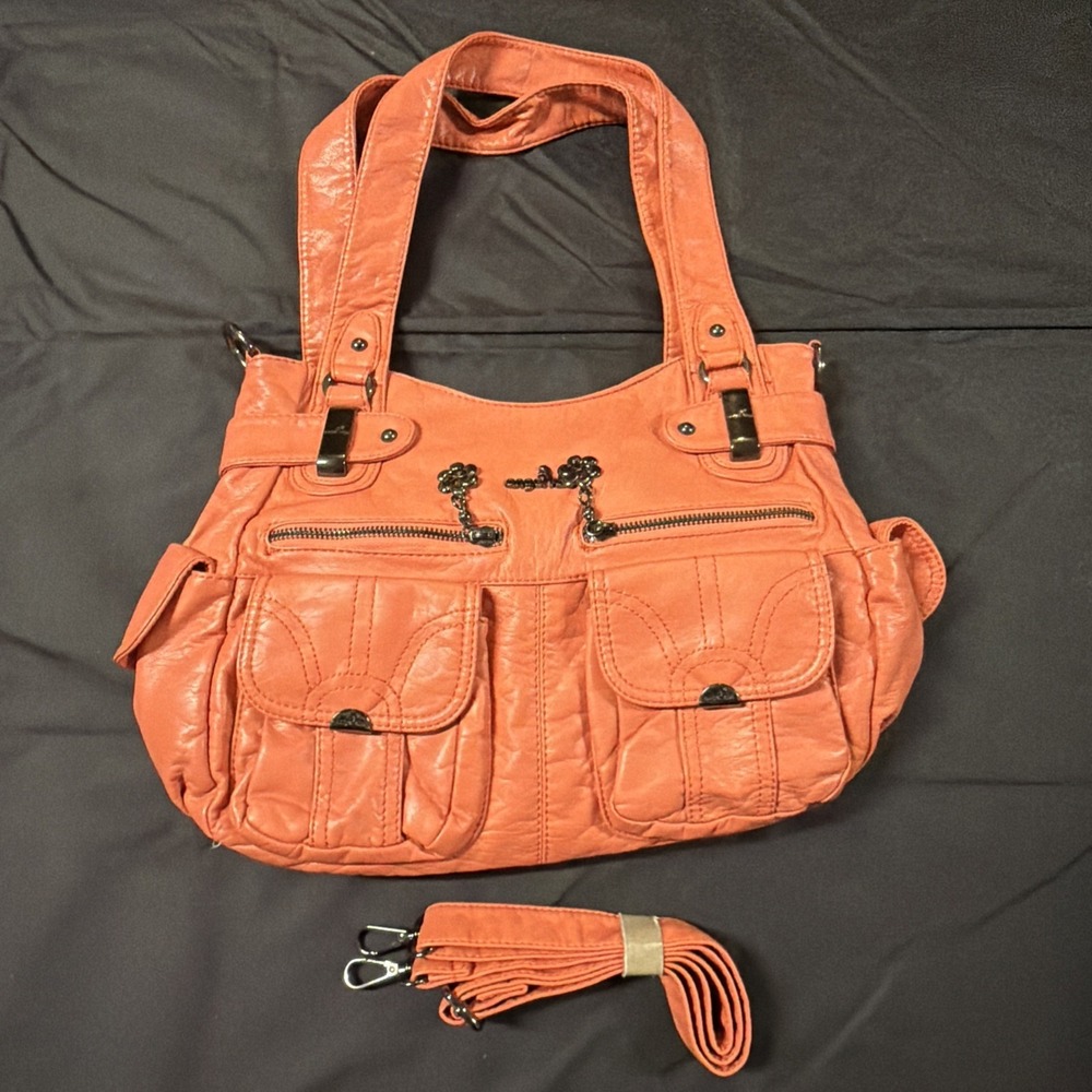 Angel Kiss Shoulder Bag Strap, Zip Closure, Inner Pockets Orange W Gunmetal Gray